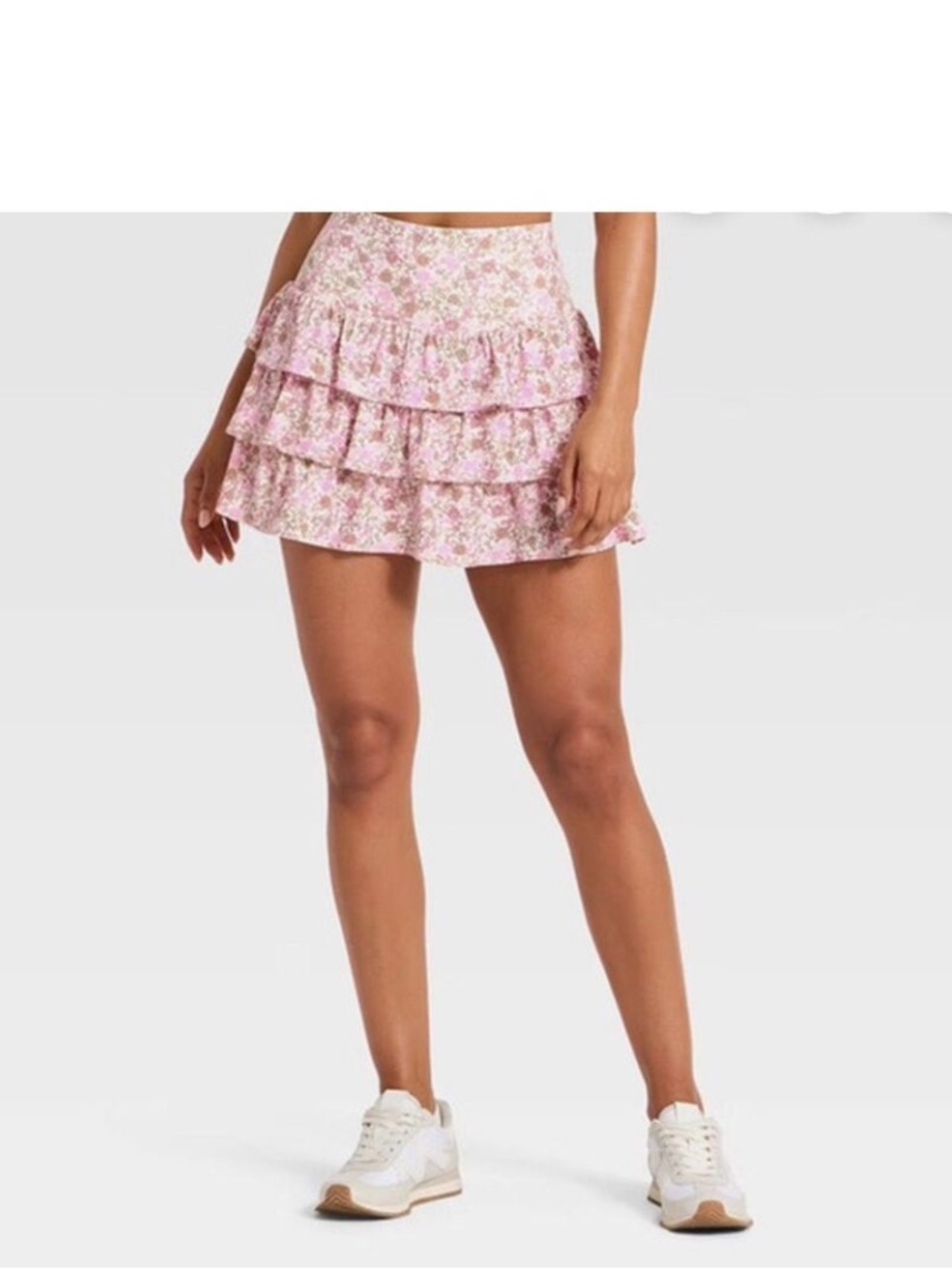 Women’s High Rise Floral Ruffle Mini Skort   Pink /Brown.  S - Picture 2 of 10